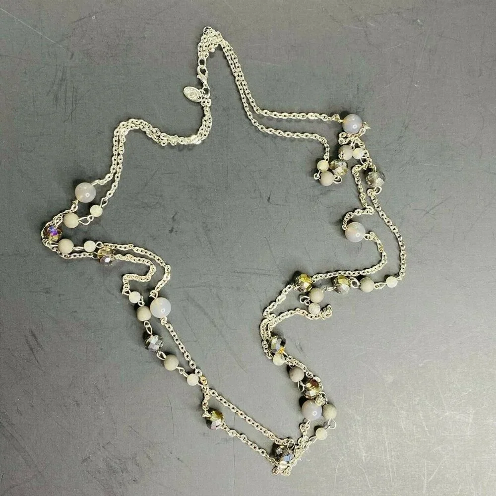 Charming Charlie 2 Strand Opera Necklace Silver Tone Beaded Boho Costume Jewelry